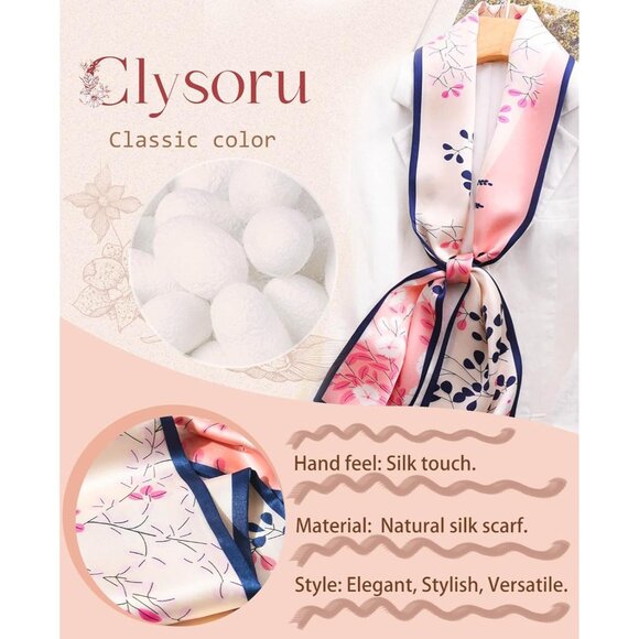 Women's Pink Flowers Blue Fashion Oblique Angle Silk Neck Scarf Printed Scarves - Picture 2 of 7